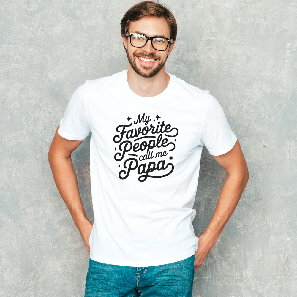  Man wearing a white “My Favorite People Call Me Papa” t-shirt, casual grandpa gift tee for Father’s Day or birthday